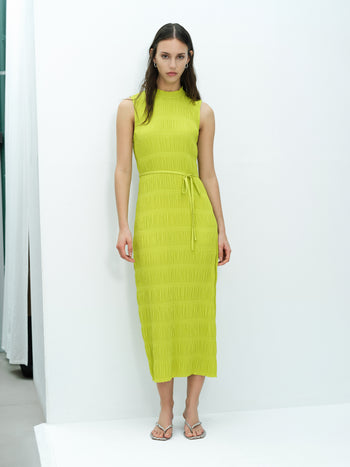 Reese Sleeveless Plisse Tie Waist Green Midi Dress