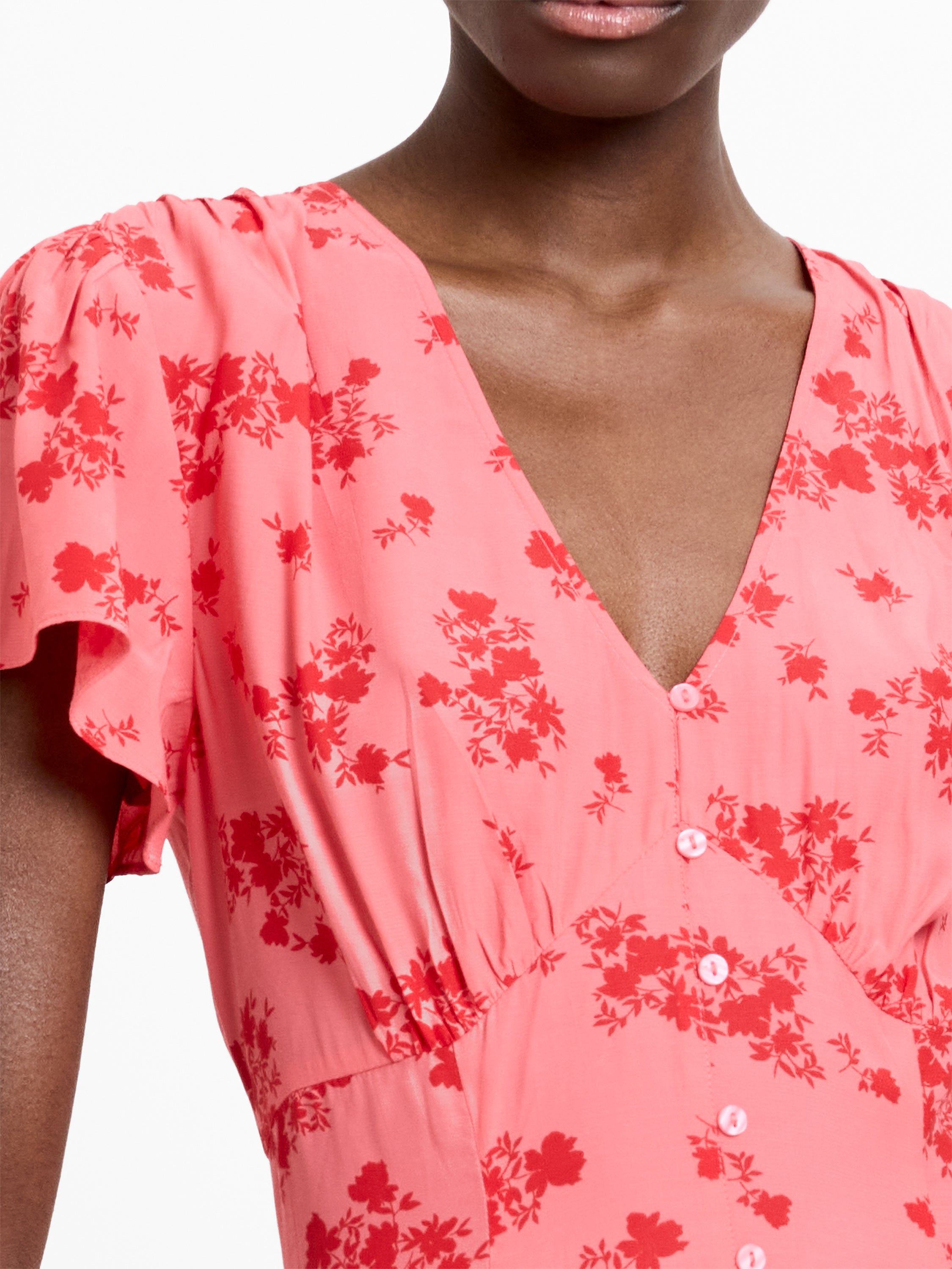 Raquel Eco Flutter Sleeve V-Neck Midi Dress