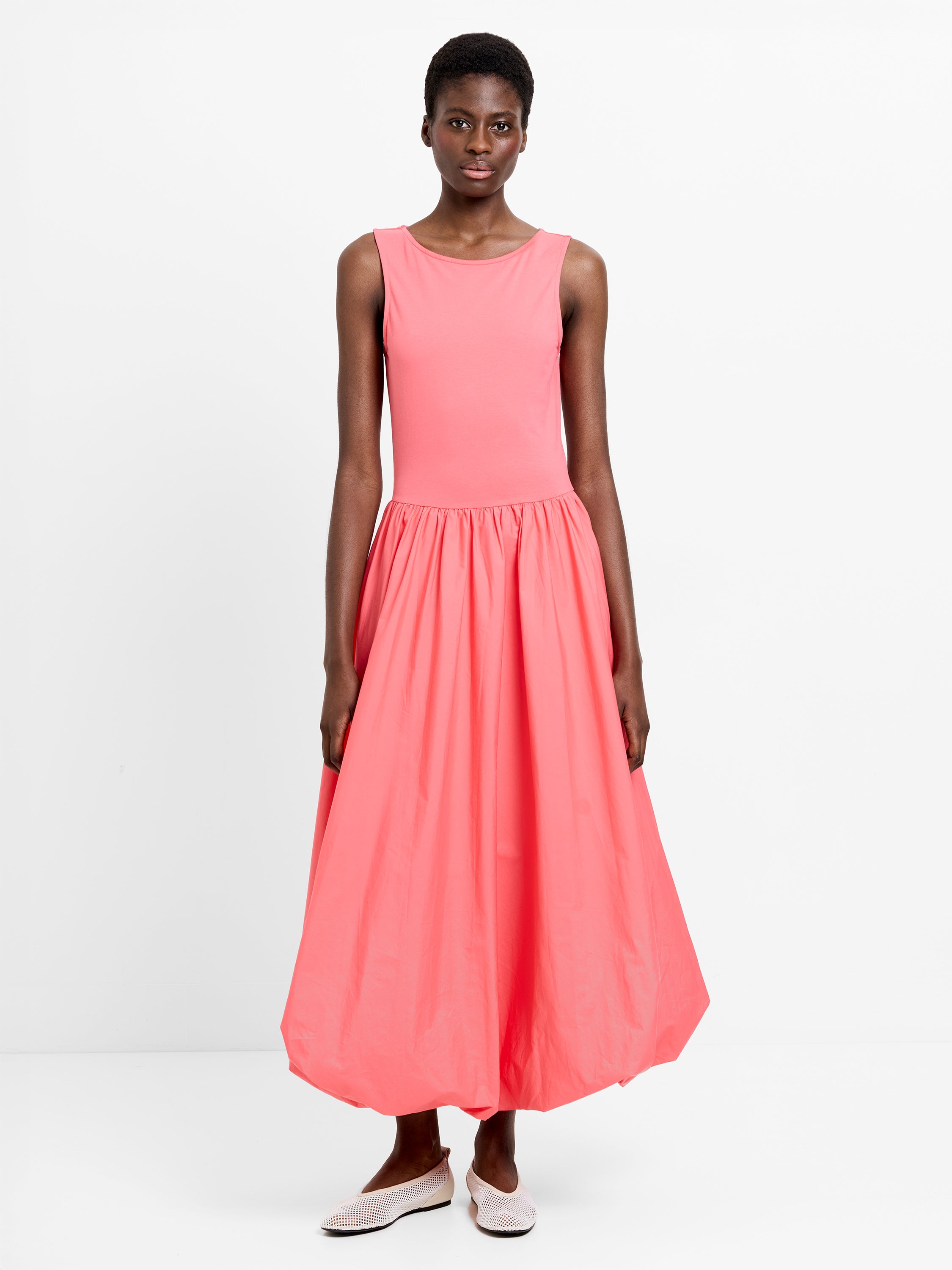 Phoebe Jersey Woven Mix Bubble Hem Midi Dress