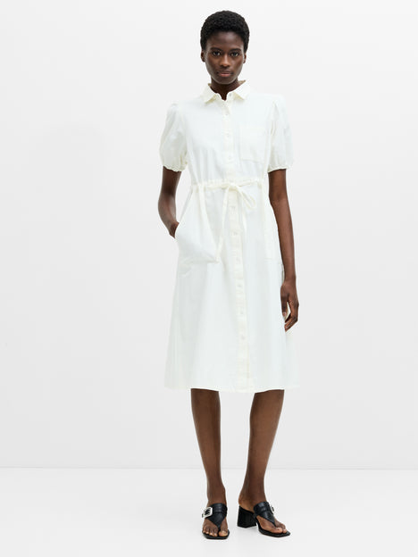 Chambray Denim Puff Sleeve Tie Waist Midi Dress