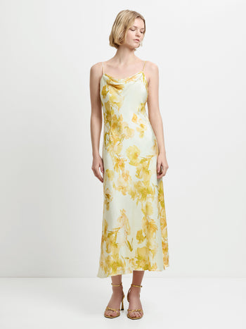 Oona Satin Cowl Neck Yellow Floral Midi Dress