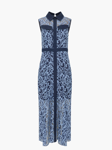 Skye Lace Godet Blue Midi Shirt Dress