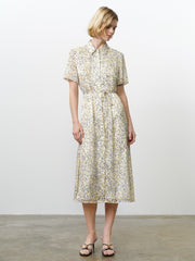 Bonnie Satin Abstract Yellow Midi Shirt Dress