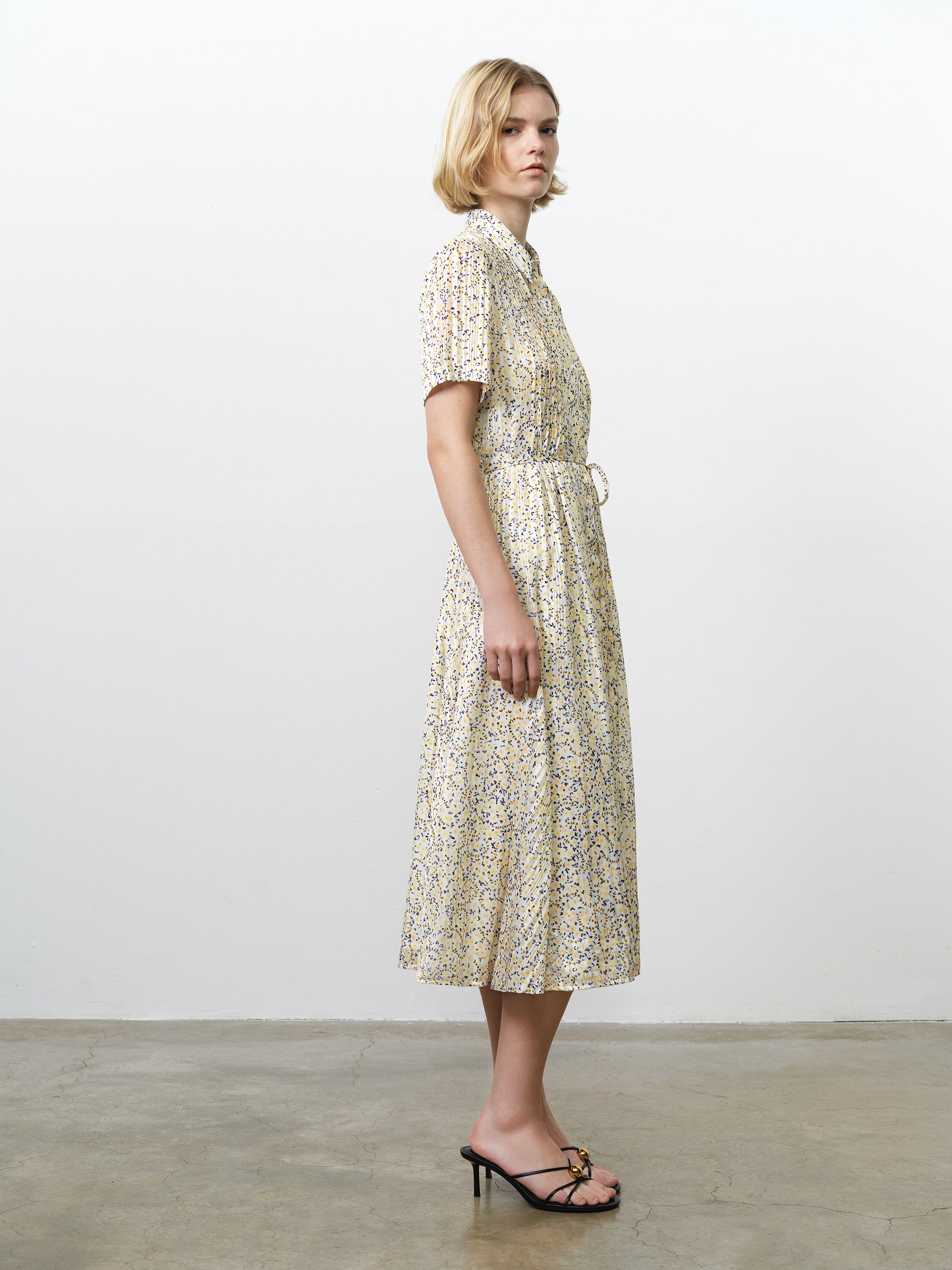 Bonnie Satin Abstract Yellow Midi Shirt Dress