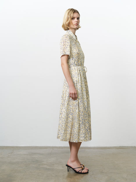 Bonnie Satin Abstract Yellow Midi Shirt Dress