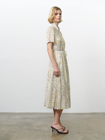 Bonnie Satin Abstract Yellow Midi Shirt Dress