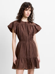 Holland Flutter Sleeve Tiered Brown Mini Dress
