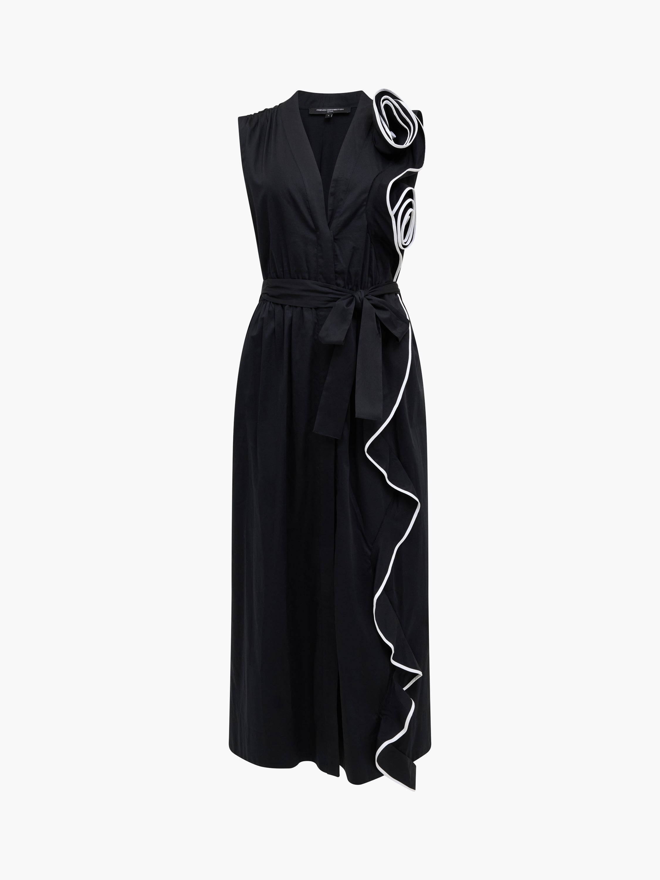 Poplin Sleeveless Monochrome Floral Corsage Midi Dress