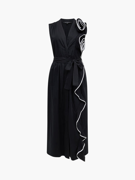 Poplin Sleeveless Monochrome Floral Corsage Midi Dress