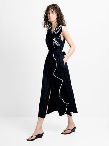Poplin Sleeveless Monochrome Floral Corsage Midi Dress