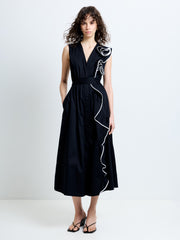 Poplin Sleeveless Monochrome Floral Corsage Midi Dress