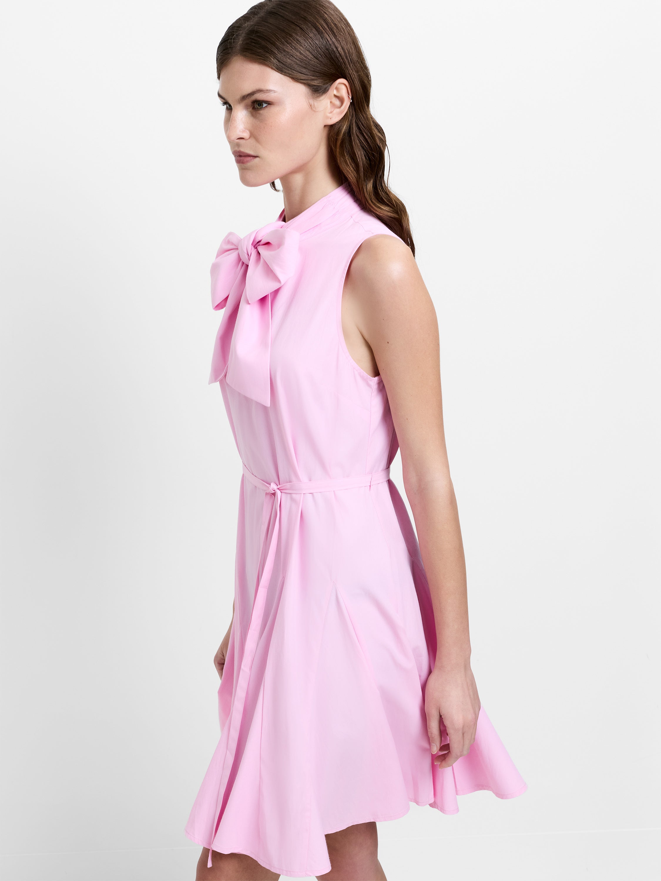 Era Poplin Bow Neck Godet Light Pink Mini Dress
