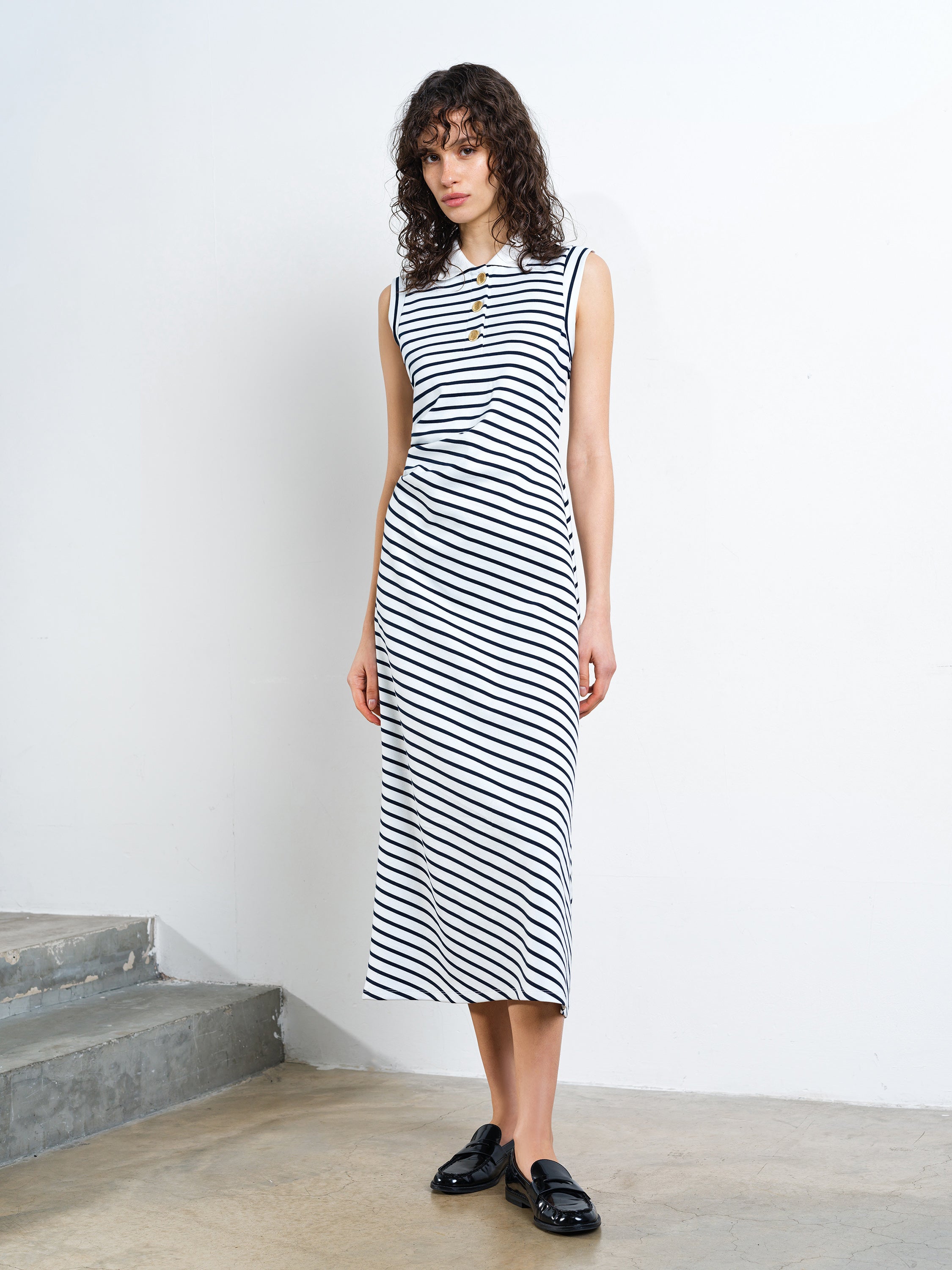 Tommy Monochrome Striped Sleeveless Polo Midi Dress