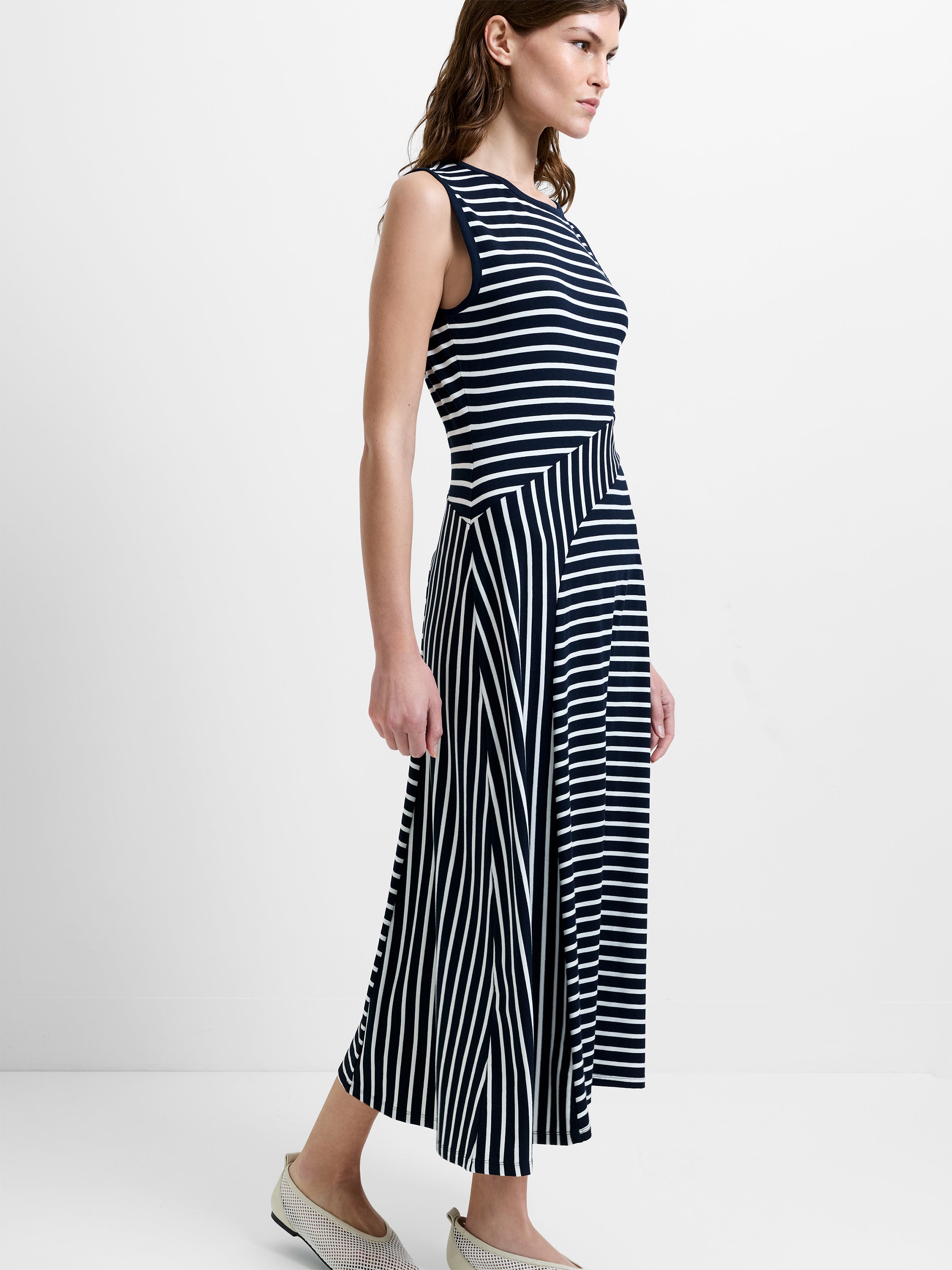 Kyra Jersey Monochrome Striped Sleeveless Midi Dress