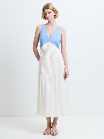 Colby Chambray V Neck Pleat Mix Midi Dress