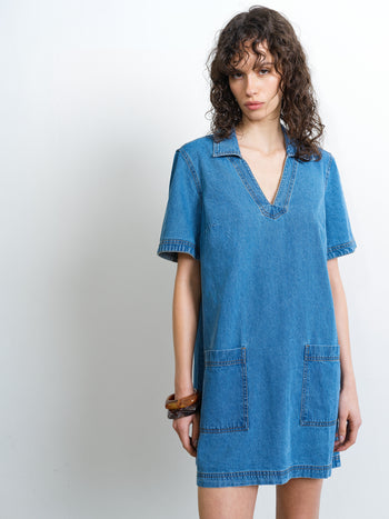 Archie Blue Denim Patch Pocket Short Sleeve Mini Dress