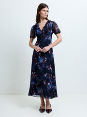 Clara Floral V Neck Puff Sleeve Midi Smock Dress