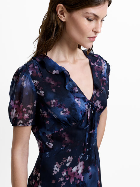Clara Floral V Neck Puff Sleeve Midi Smock Dress