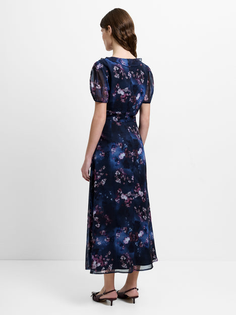 Clara Floral V Neck Puff Sleeve Midi Smock Dress