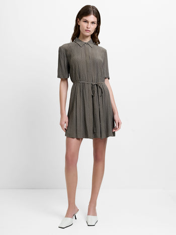 Lizzy Eco Pin Spots Pleated Khaki Mini Shirt Dress