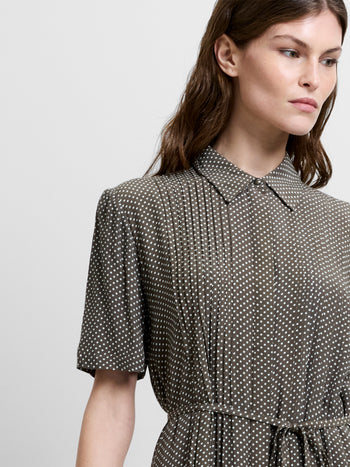 Lizzy Eco Pin Spots Pleated Khaki Mini Shirt Dress