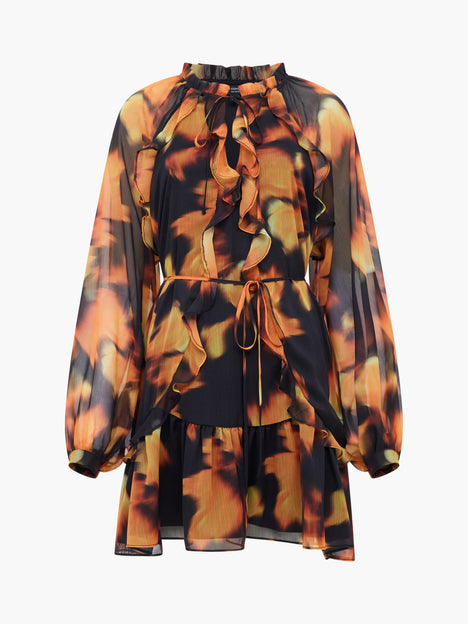 Chiffon Ruffle Orange Abstract Print Mini Smock Dress