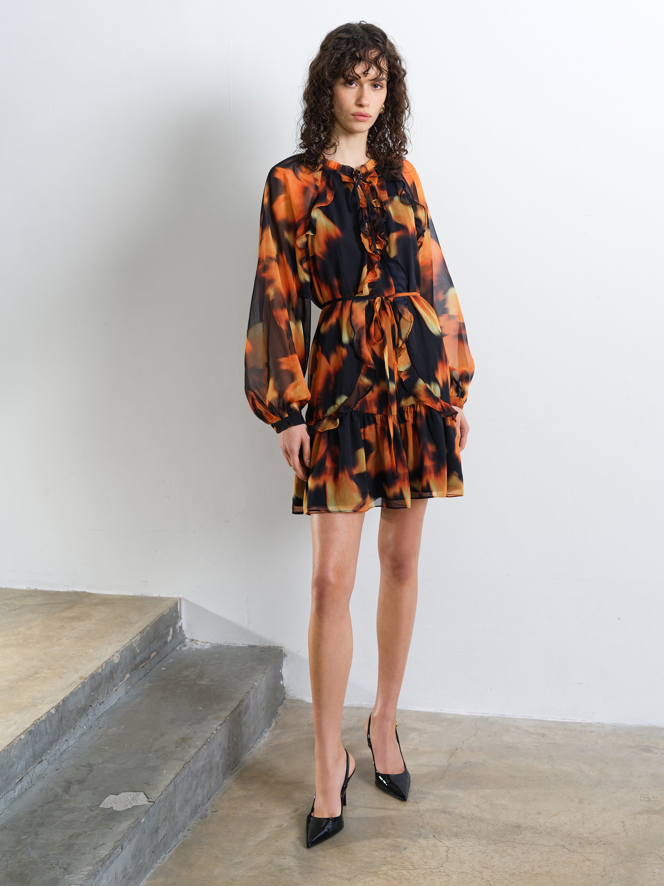 Chiffon Ruffle Orange Abstract Print Mini Smock Dress