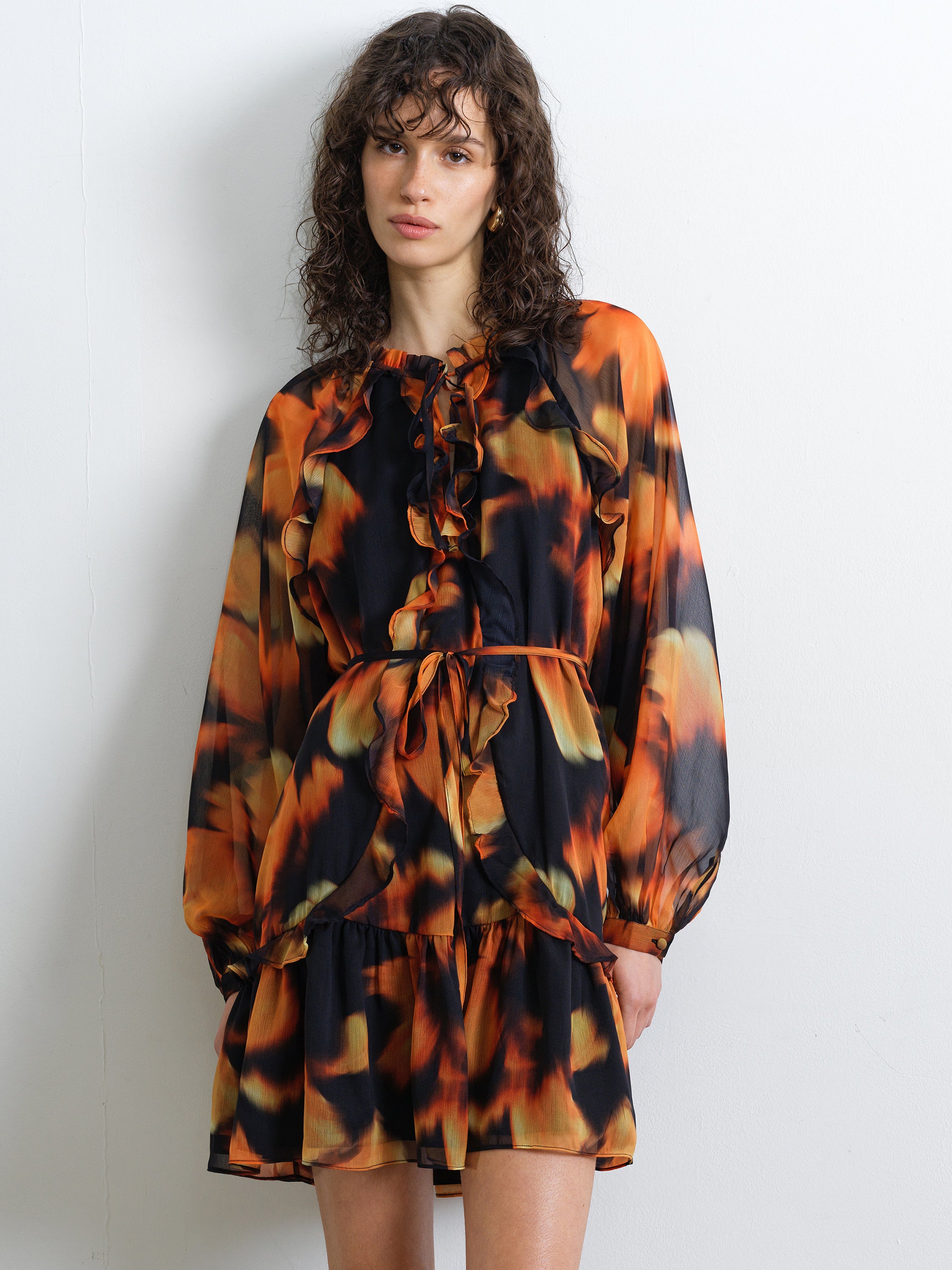 Chiffon Ruffle Orange Abstract Print Mini Smock Dress