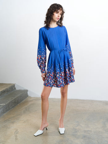 Lucy Pintuck Belted Blue Floral Mini Smock Dress
