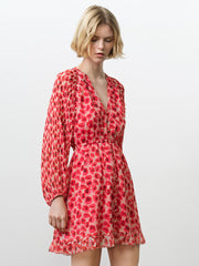 Poppy Pleated Puff Sleeve Red Floral Mini Dress