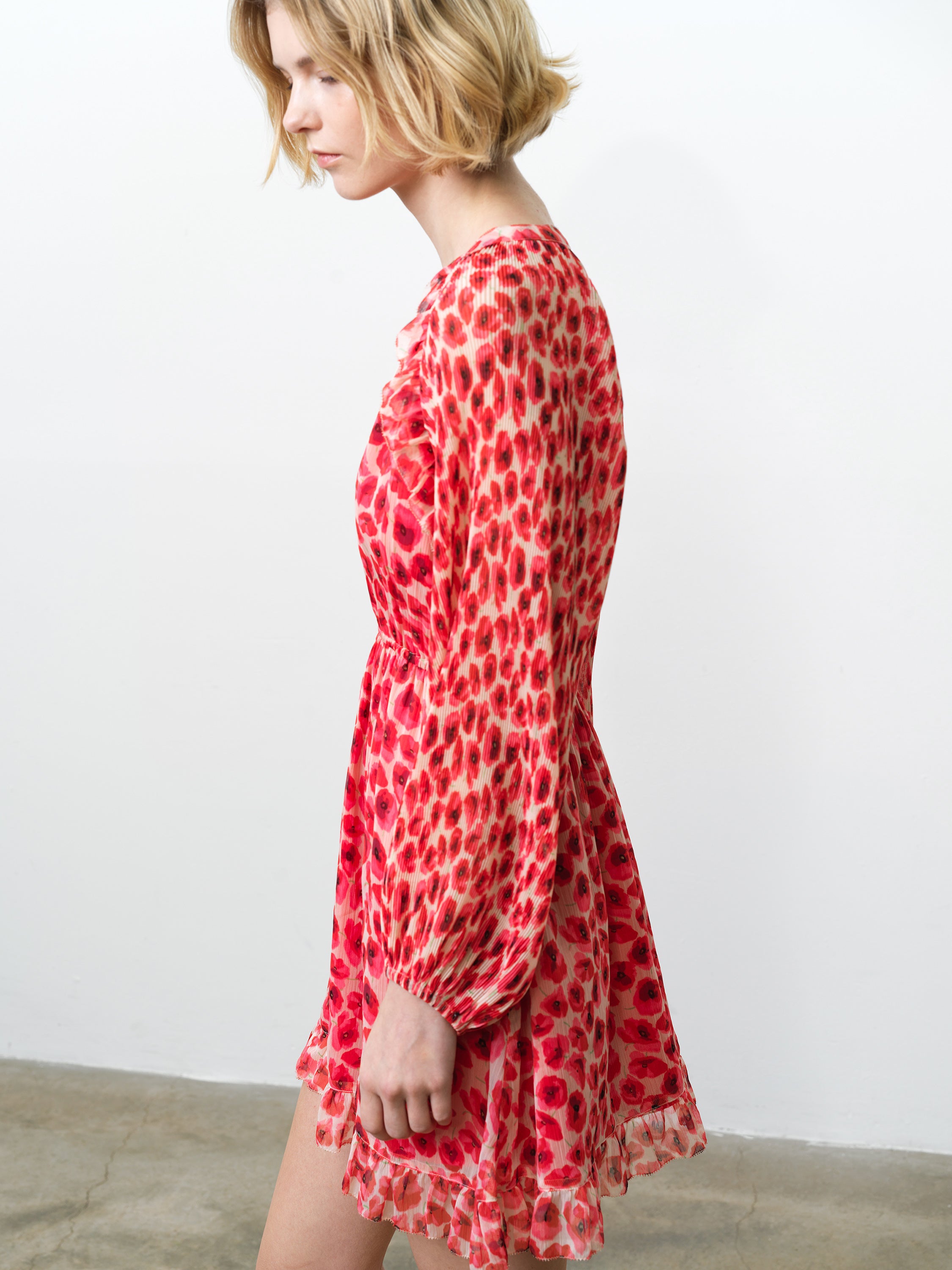 Poppy Pleated Puff Sleeve Red Floral Mini Dress