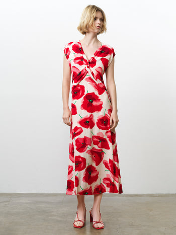 Poppy Eco Front Twist Red Floral Midi Dress