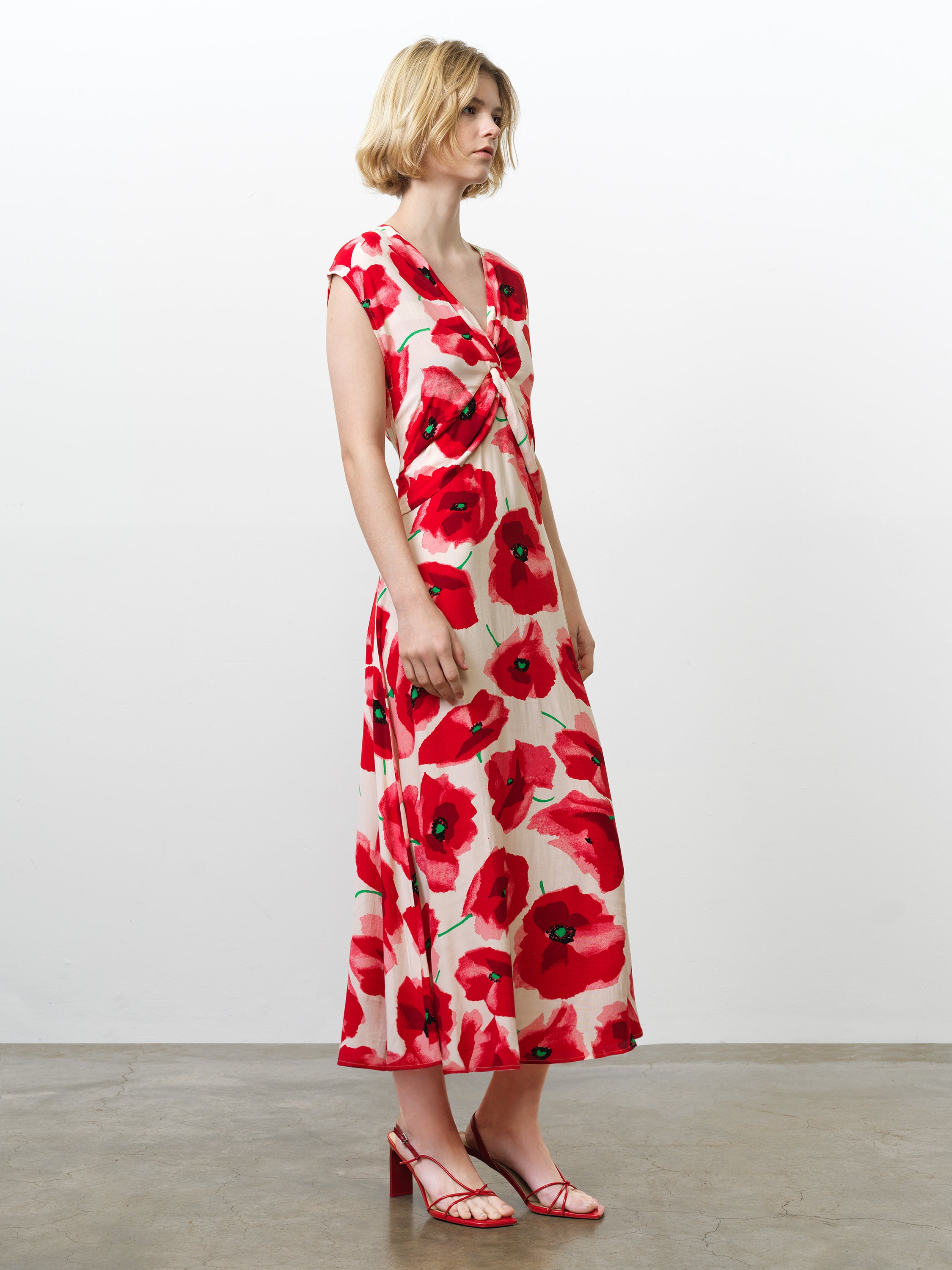 Poppy Eco Front Twist Red Floral Midi Dress