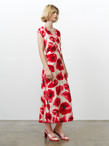 Poppy Eco Front Twist Red Floral Midi Dress