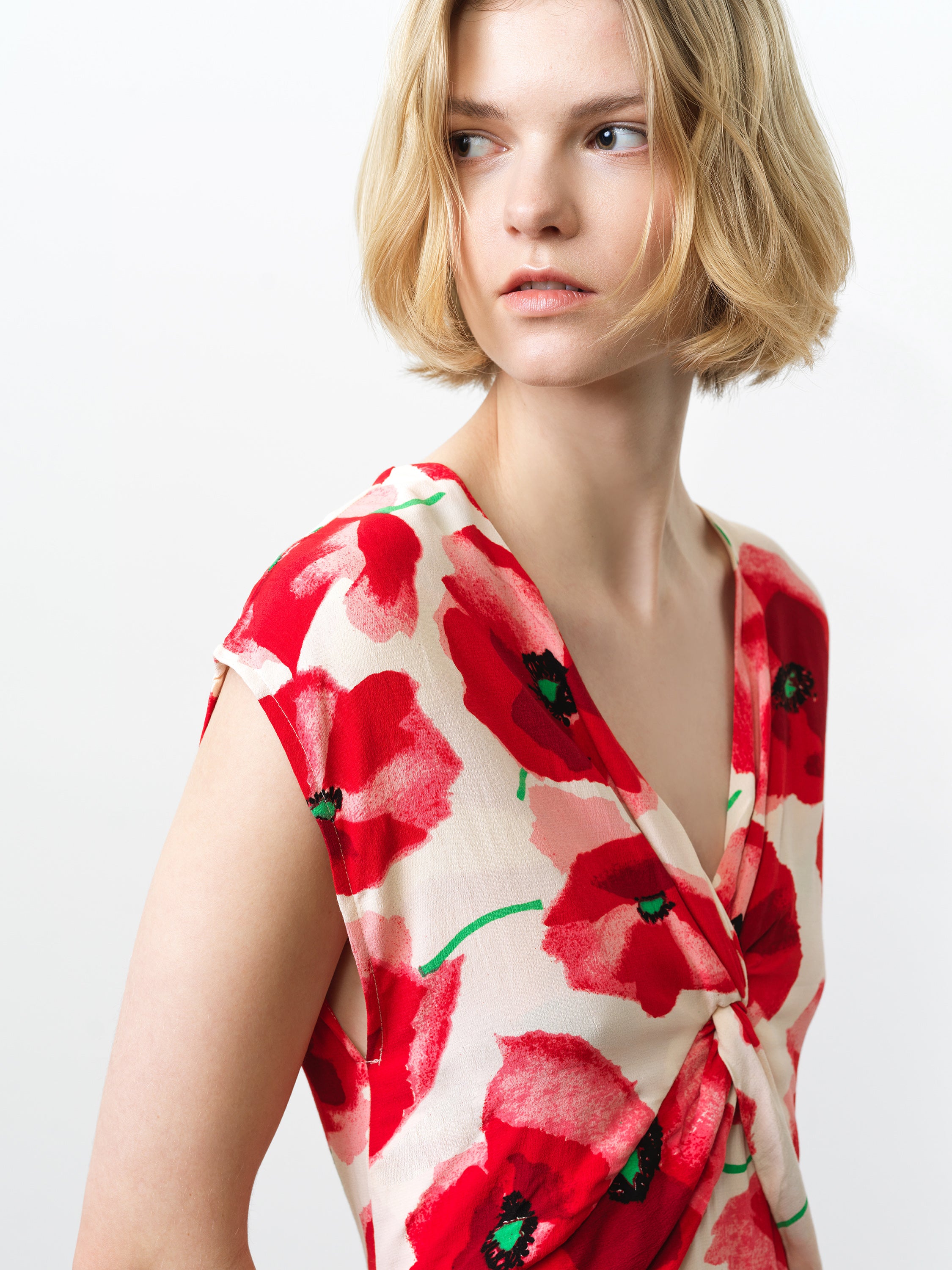 Poppy Eco Front Twist Red Floral Midi Dress