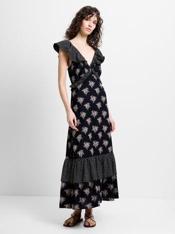 Millie Cotton Ruffle Floral Spot Printed Maxi Dress