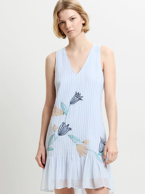 Larina Pleated Floral Applique Blue Mini Dress