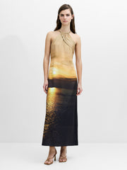 Sunset Eco Satin Chain Halterneck Maxi Dress