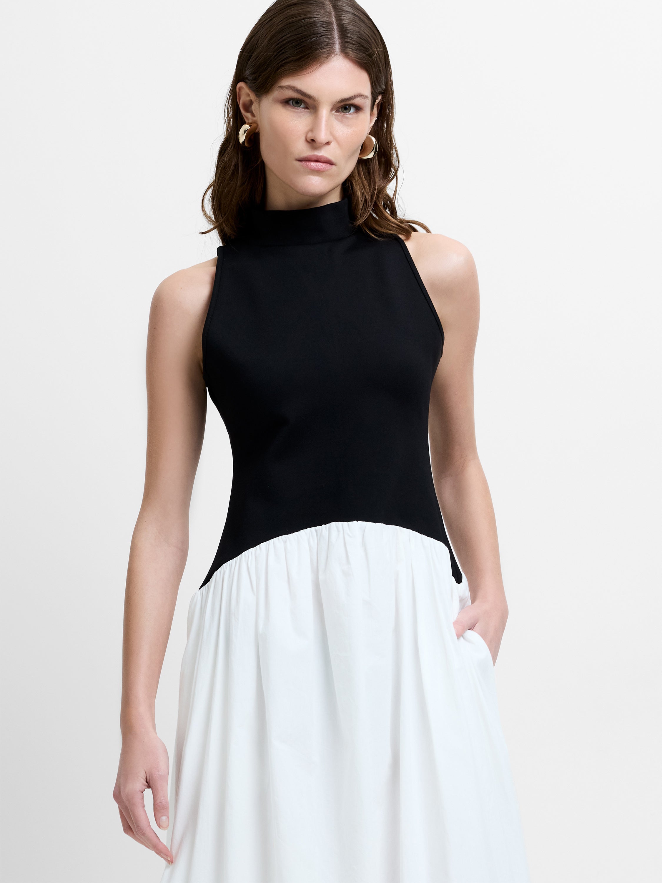 Ponte Mix Black and White Drop Waist Maxi Dress