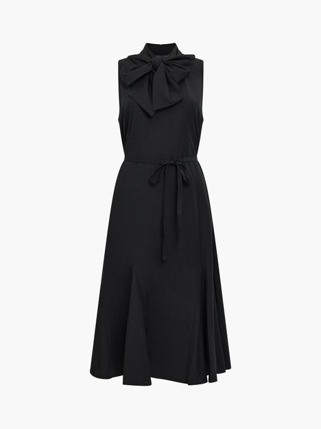 Era Poplin Sleeveless Godet Bow Black Midi Dress