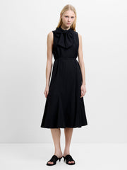 Era Poplin Sleeveless Godet Bow Black Midi Dress