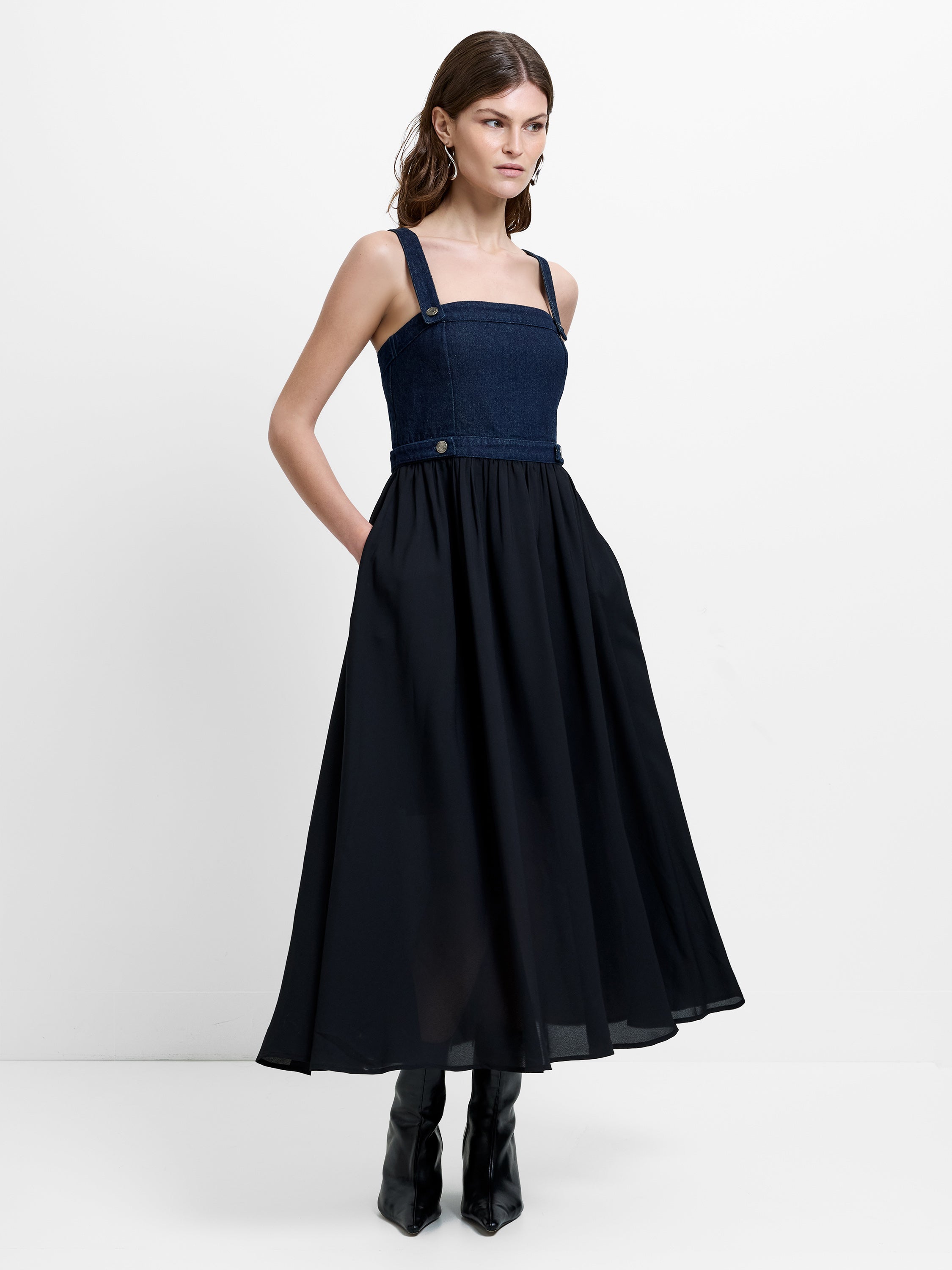 Leighton Denim Mix Square Neck Midi Dress