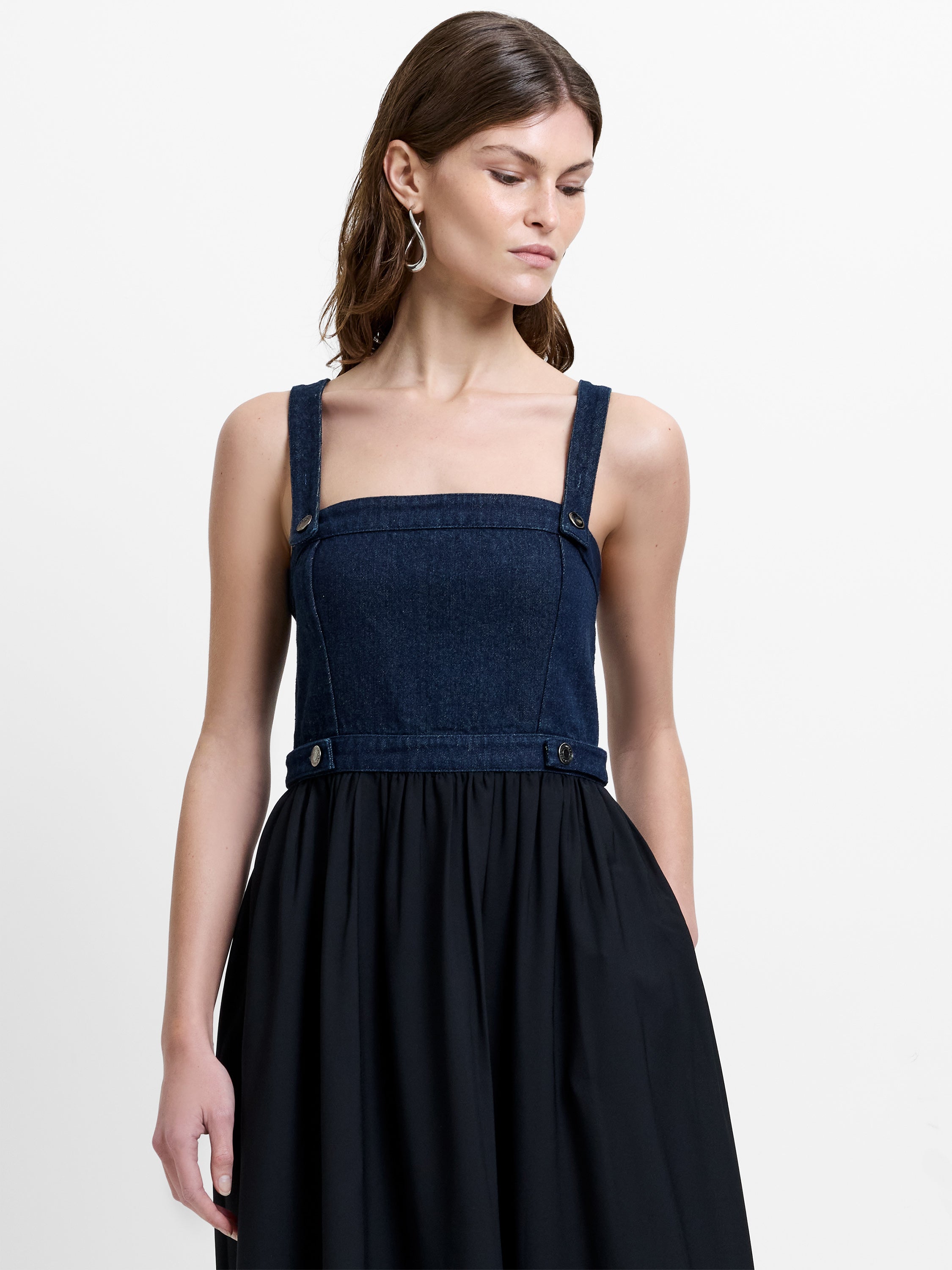 Leighton Denim Mix Square Neck Midi Dress