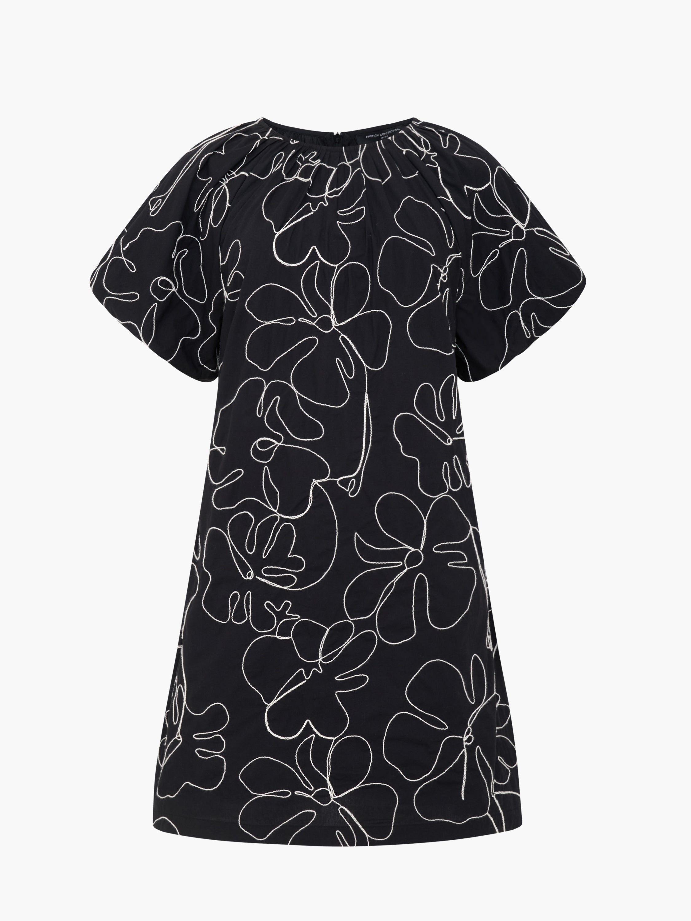 Floral Embroidered Puff Sleeve Black Mini Dress