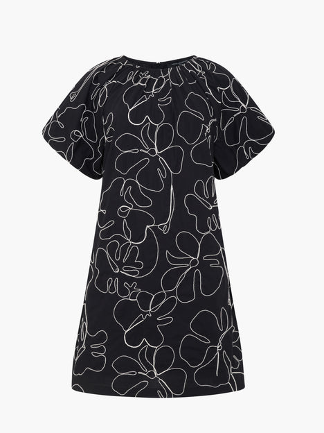 Floral Embroidered Puff Sleeve Black Mini Dress