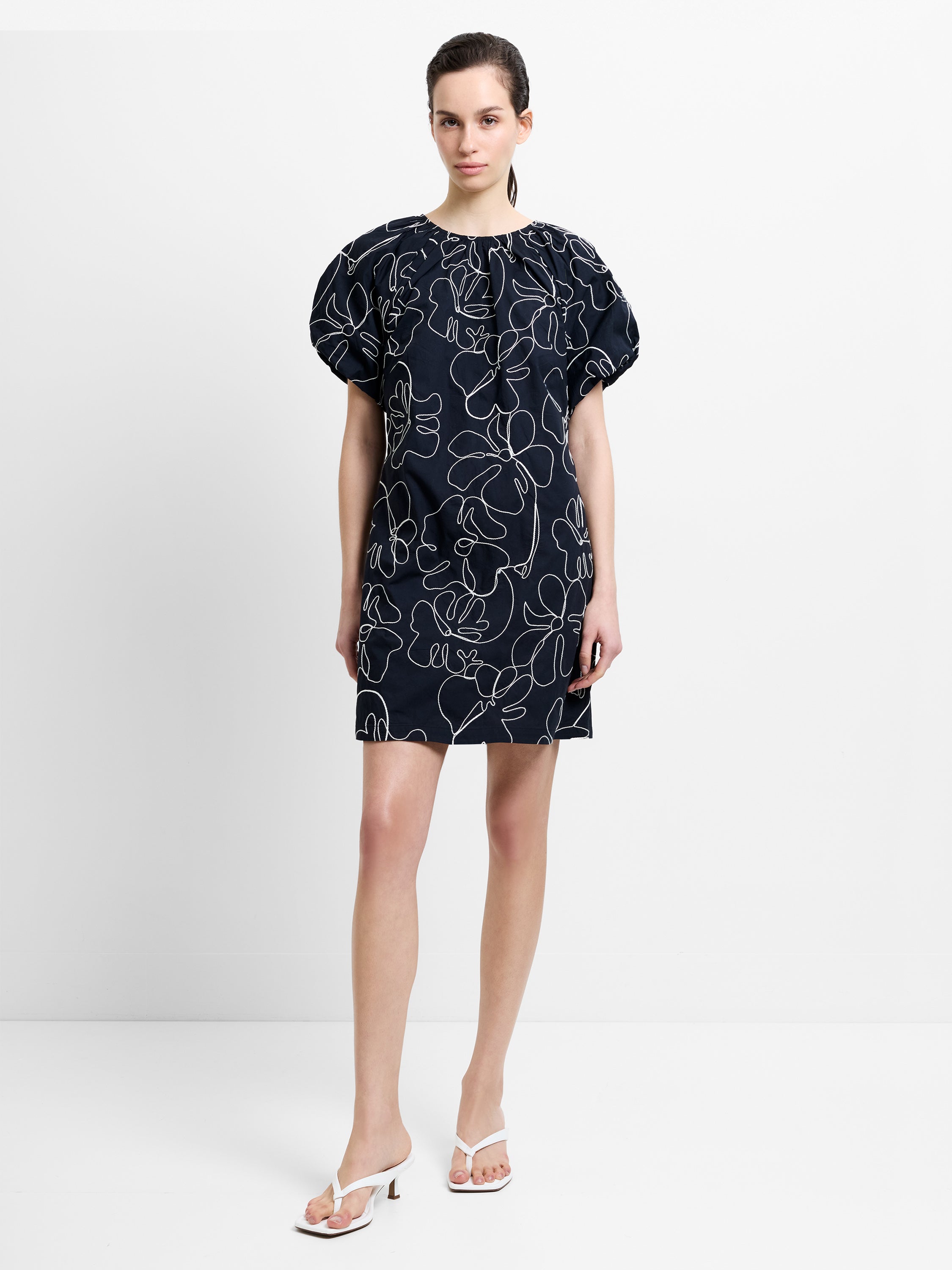 Floral Embroidered Puff Sleeve Black Mini Dress