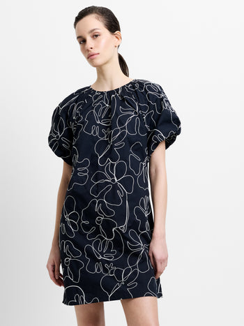 Floral Embroidered Puff Sleeve Black Mini Dress