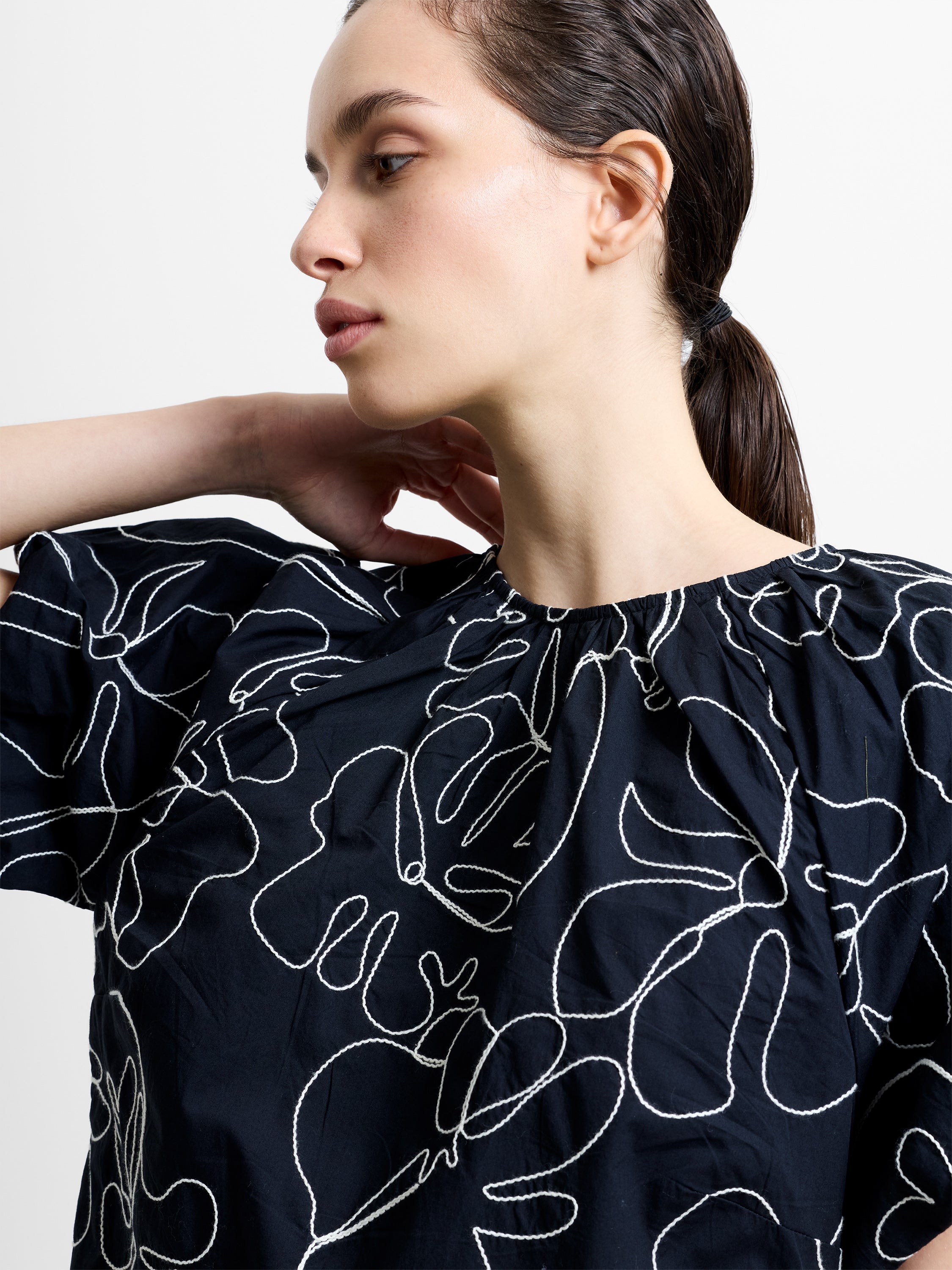 Floral Embroidered Puff Sleeve Black Mini Dress
