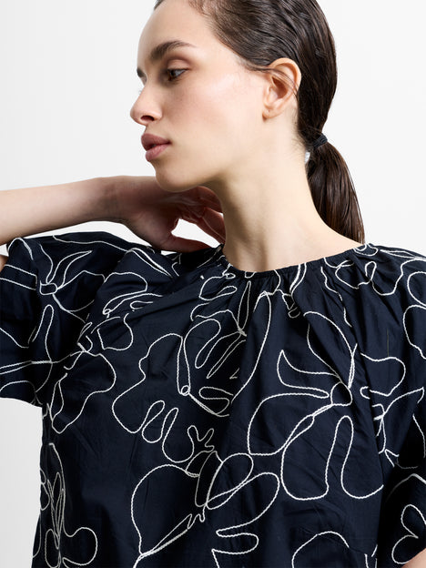 Floral Embroidered Puff Sleeve Black Mini Dress