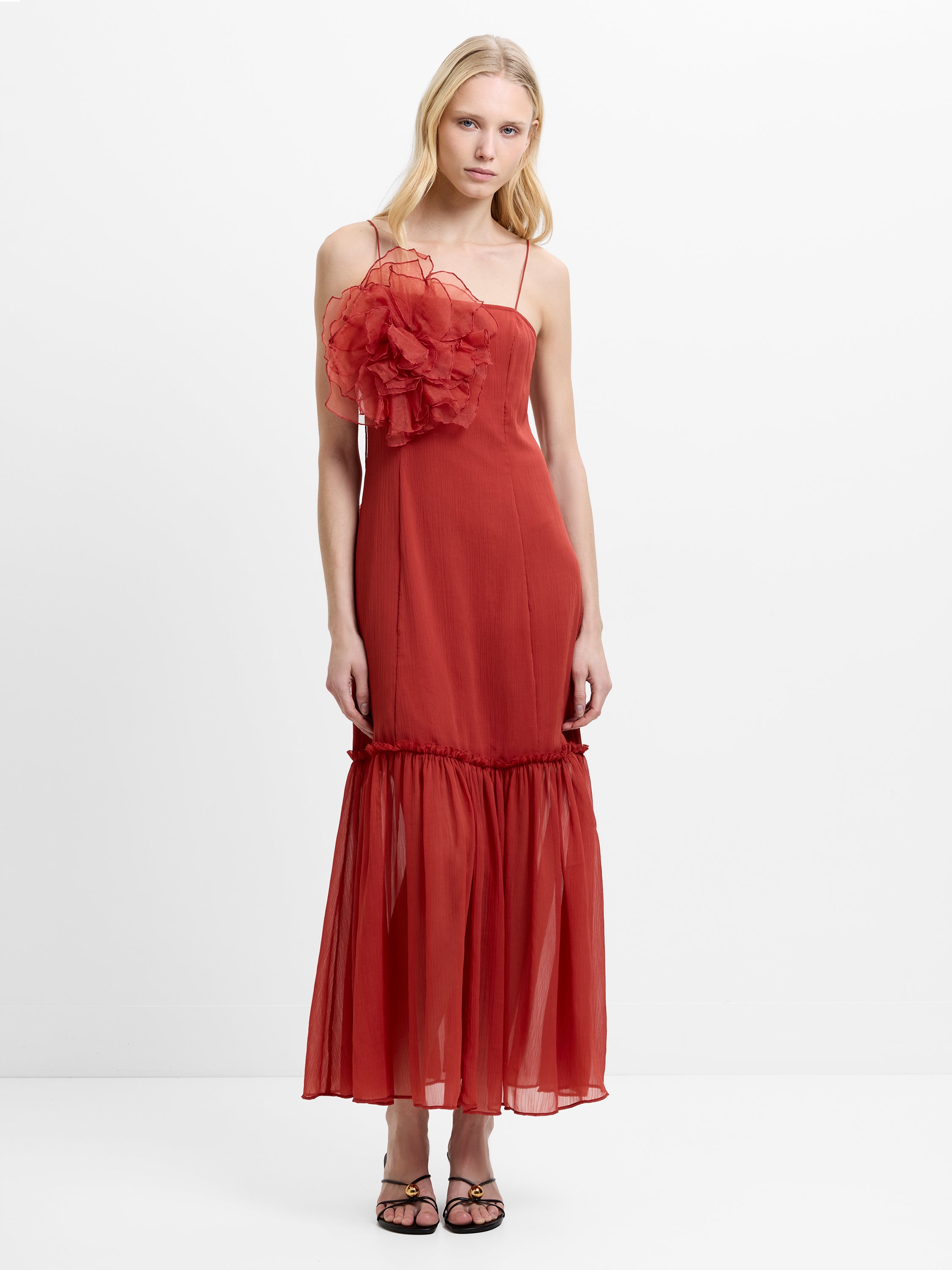 Emina Chiffon 3D Floral Red Maxi Dress